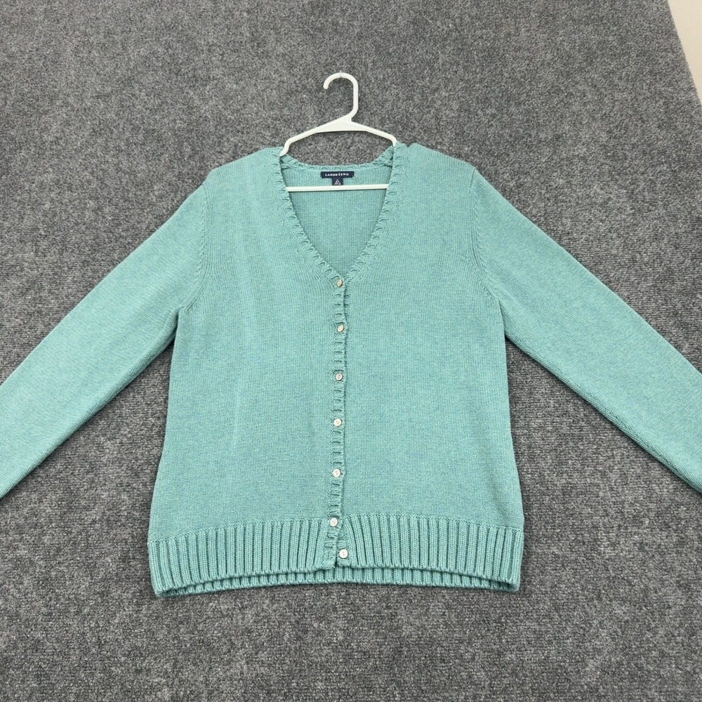 Lands End Cardigan Women M Teal Cotton V Neck Button Front Classic Casual